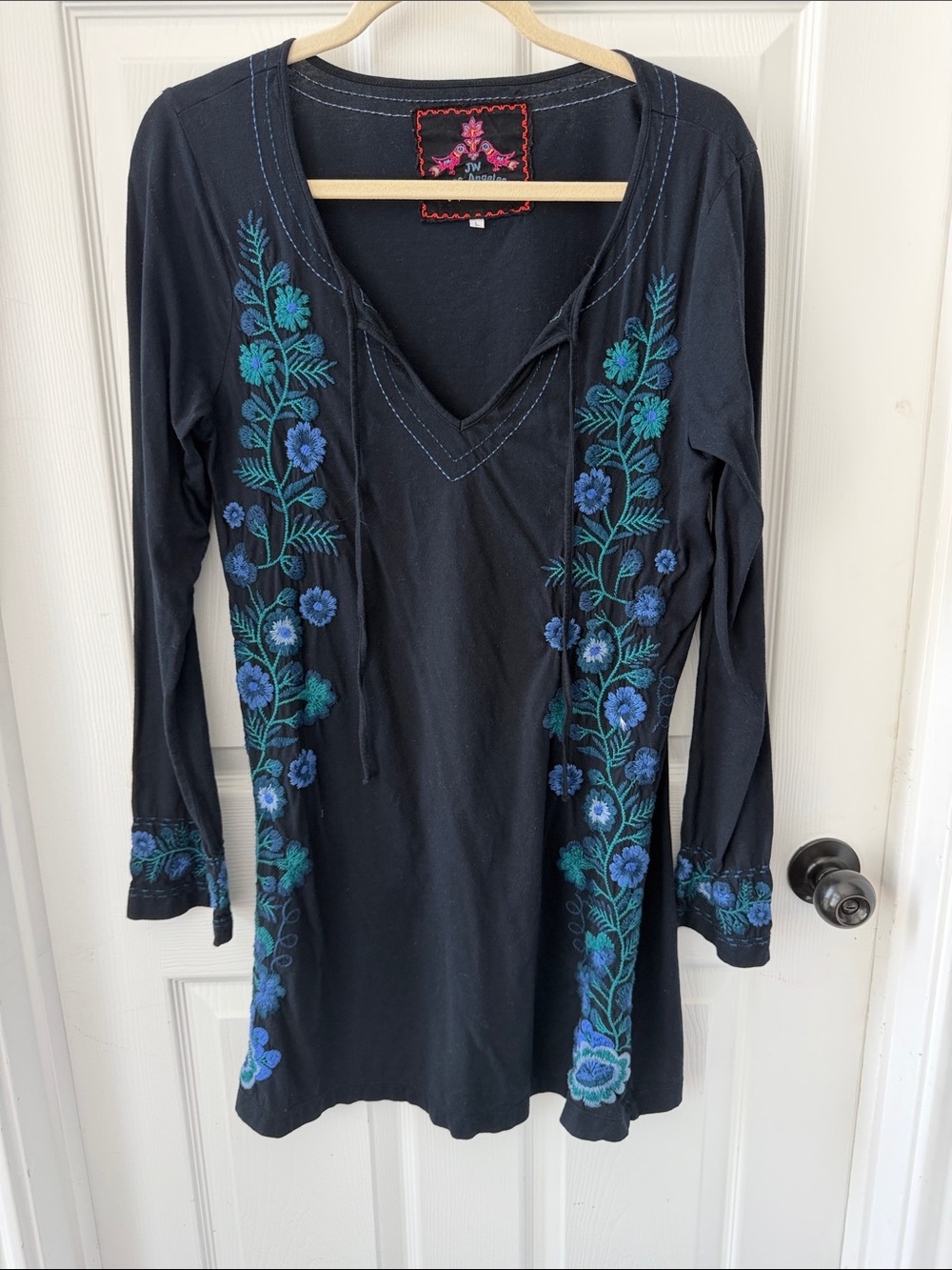 Johnny Was Black V-Neck Tunic with Blue and Teal Floral Embroidery